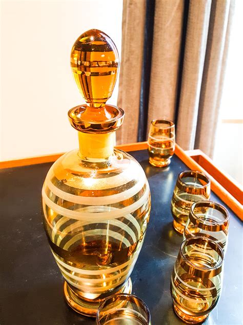 Gorgeous Mid Century Liquor Decanter In Gold And Gilt Glass With Gold Stripes