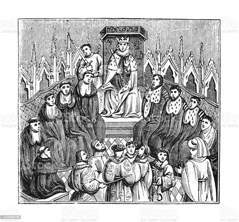 Medieval King With His Privy Council Vintage Engraved Illustration