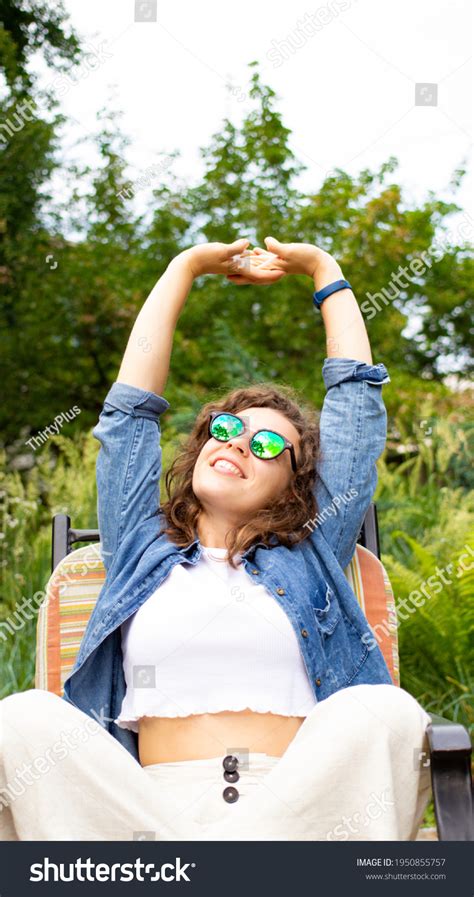 Happy Excited Young Brunette Woman Stretching Stock Photo 1950855757