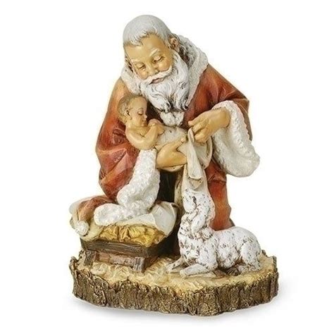Kneeling Santa With Baby Jesus And Lamb On Bark Joseph Studio