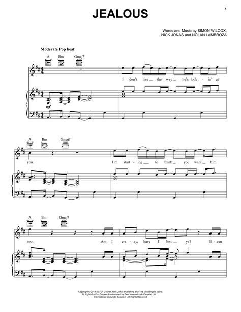 Jealous Sheet Music By Nick Jonas Piano Vocal And Guitar Right Hand