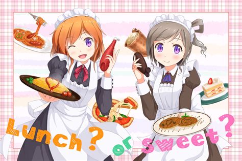 2girls apron blush brown hair cake dress food fruit gamyuu gamyu headdress maid orange hair