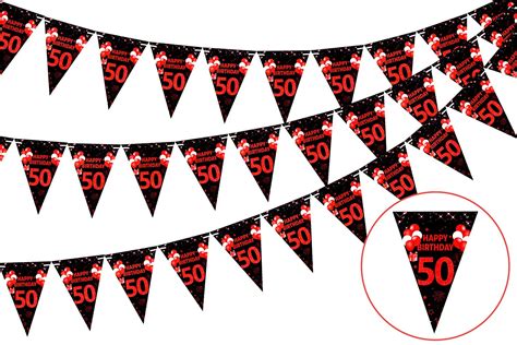 3 Pack 50th Happy Birthday Bunting Banner 36 Pieces Triangle Flag Red
