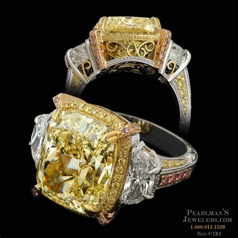 2.8ct canary yellow cushion with trillion diamond engagement ring 14k white gold. Michael Beaudry Platinum & Fancy Yellow Diamond Ring - Beaudry