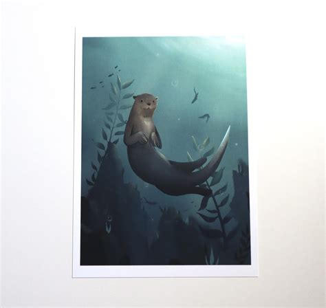 Swimming With Otters Digital Illustration Art Print Baby Etsy