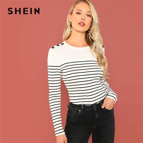 Buy Shein Black And White Preppy Office Lady Button Detail Rib Knit Striped