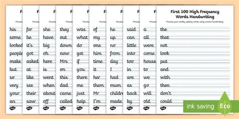 First 100 High Frequency Cursive Writing Practice Sheets
