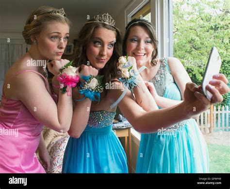 Three Girls Taking Prom Selfies Stock Photo Alamy
