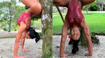 Cenapop Gracyanne Barbosa fica de ponta cabeça em árvore e impressiona por elasticidade