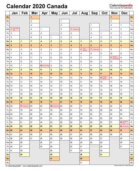 An excel calendar template may have one or more of these features: Canada Calendar 2020 - Free Printable Excel templates