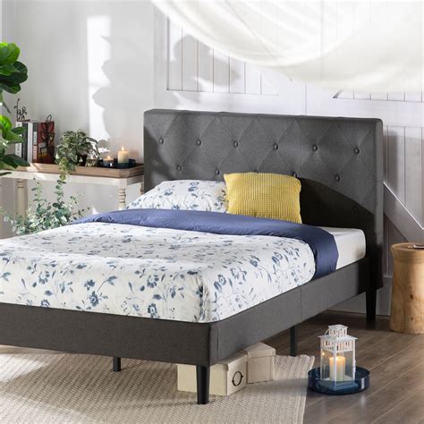 zinus shalini upholstered diamond stitched platform fabric bed frame base mattress with wooden