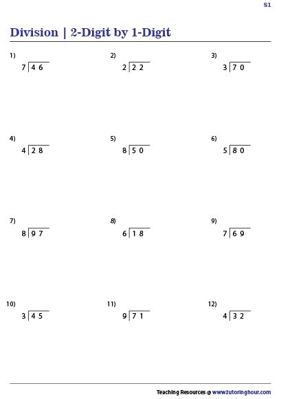 Dividing 2 Digit By 1 Digit Whole Numbers Worksheets Mathematics