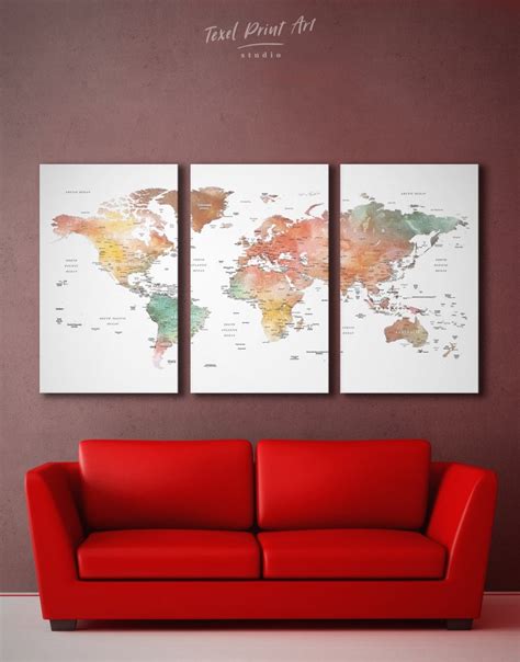 Watercolor World Map Wall Art Push Pin World Map Framed World Etsy