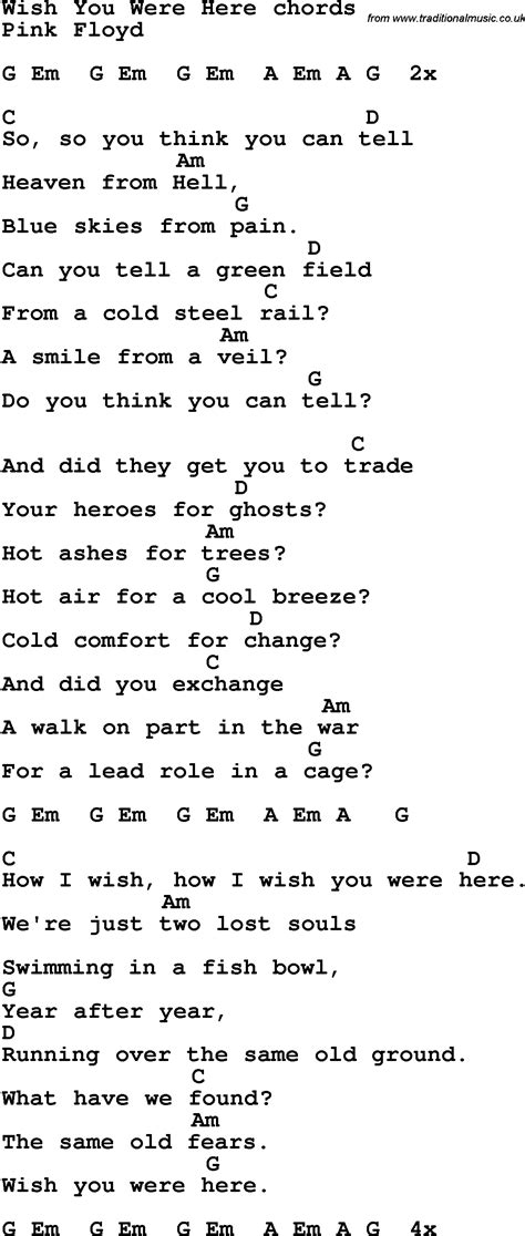 Song Lyrics With Guitar Chords For Wish You Were Here Pink Floyd