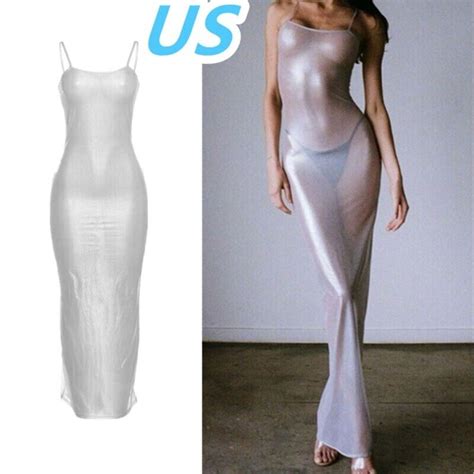 Us Womens See Through Bodycon Maxi Dress Sexy Spaghetti Straps Dress