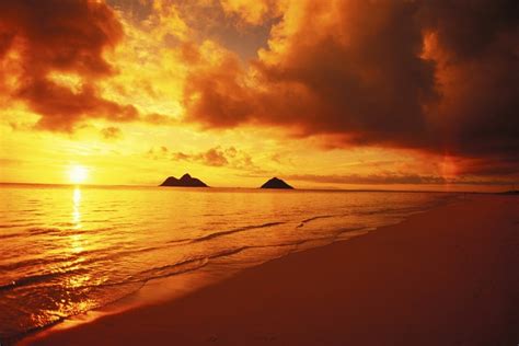Hawaii Oahu Lanikai Beach At Sunrise Orange Sky With Reflections
