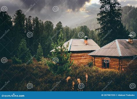 Two Houses In Taiga Forest Rain Stock Image Image Of Roof Facade