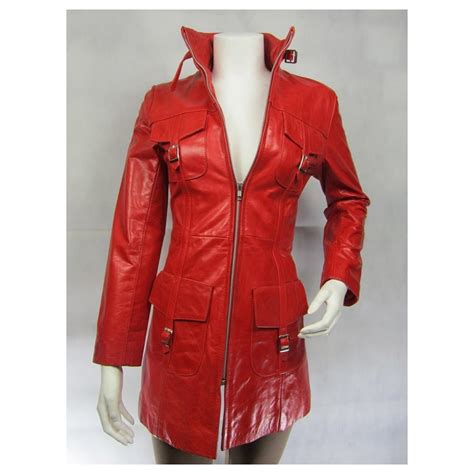 Ladies Fashions 100 Leather Ladies Red Glaze Leather Biker Long Coat