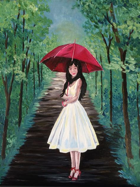 Girl Original Acrylic Painting Umbrella Street Trees Etsy