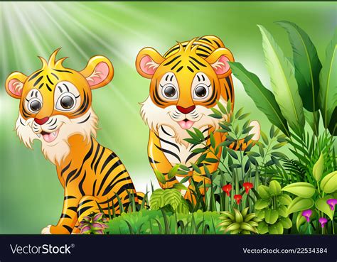 Nature Scene With Two Tiger Cartoon Royalty Free Vector