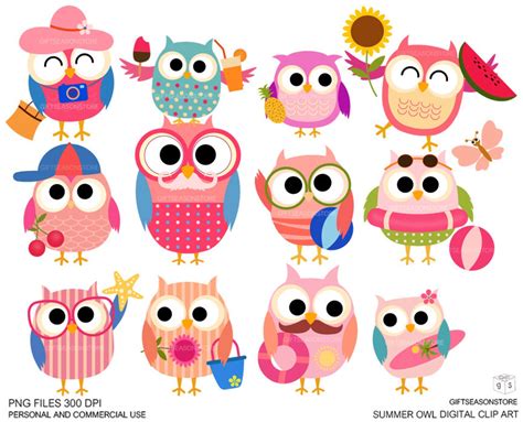 Summer Owls Digital Clip Art For Personal And Commercial Use Etsy