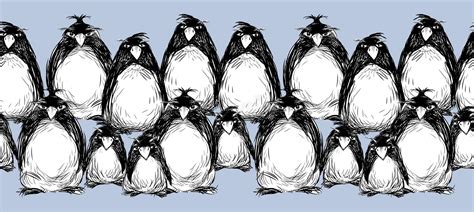 Vector Border From Sketches Cartoon Funny Penguins Flock Standing In