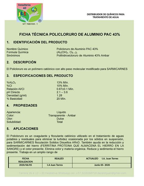 Policloruro De Aluminio Ficha Tecnica Ficha TÉcnica Policloruro De