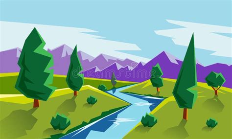 Flat Style Landscape Illustration With Valley Mountains And River