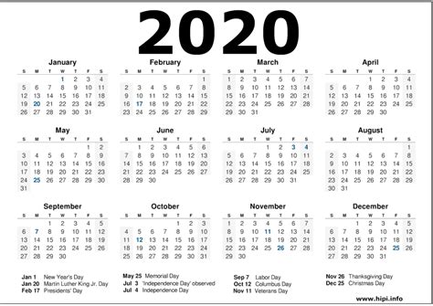 2020 Calendar Printable With Holidays 2020 Calendar Template Hipi