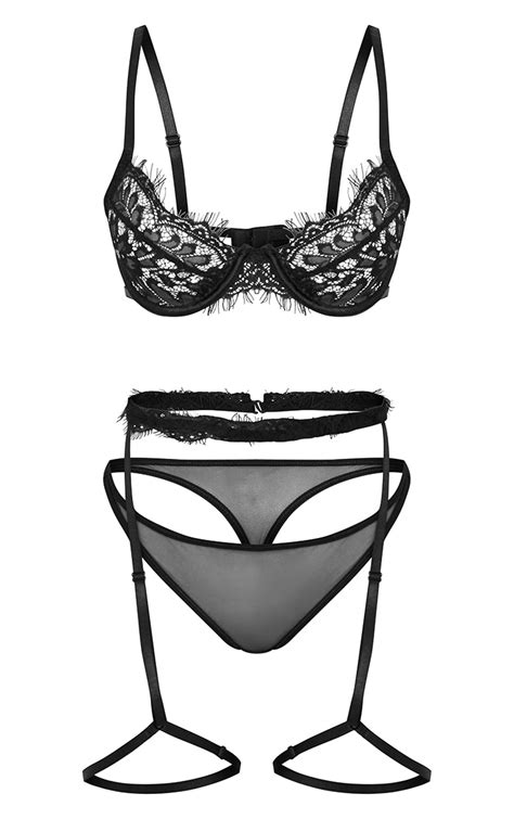 Black Lace 3 Piece Strappy Suspender Lingerie Set Prettylittlething Qa