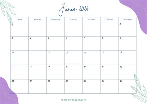 Calendarios Junio 2024 💜 Para Imprimir