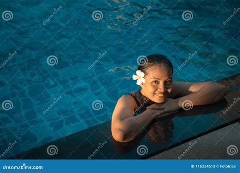 Smiling Portrait Of Beautiful Woman In Swimming Poolbeautiful Y Stock