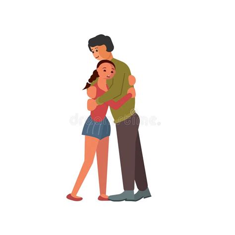 Father Hugs Daughter Holds A Hand On Her Head Cartoon Vector