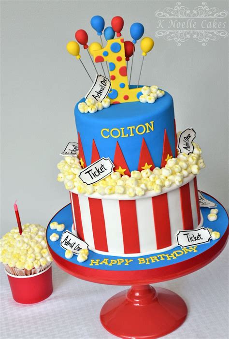 Carnival Theme With Popcorn By K Noelle Cakes Carnival Birthday Cakes Circus Birthday Cake