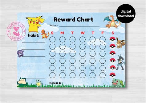 Pokémon Reward Chart For Kids Habit Tracker Pokemon Pikachu Snorlax