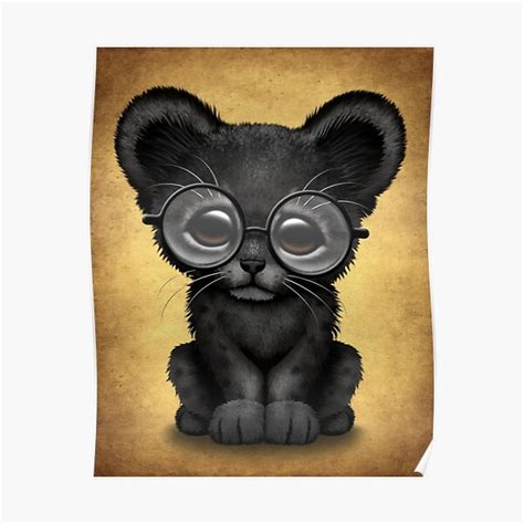 Cute Baby Black Panther Cub Wearing Glasses On Brown Poster By