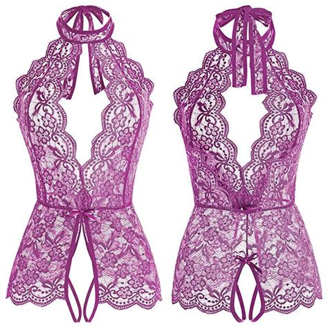 uaang women open crotch bodysuit sexy lingerie set lace see through deep v bra top and