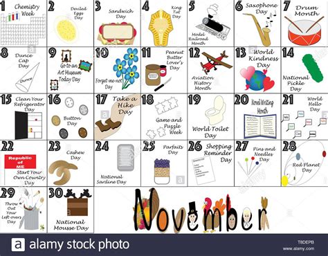November 2020 Calendar Illustrated With Daily Quirky Holidays And Unusual Celebrations Stock