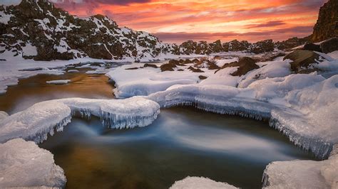 Iceland River With Snow During Sunset In Winter Hd Nature Wallpapers