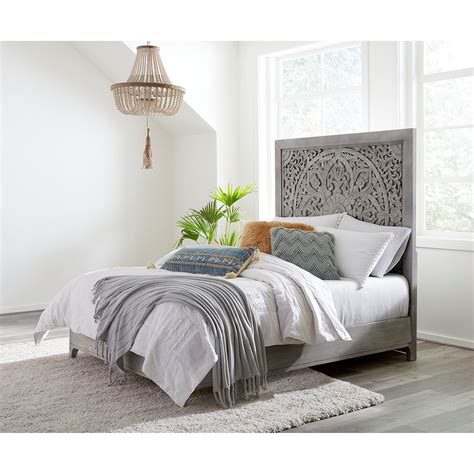Boho Chic King Platform Bed In Washed White With Intricate Headboard