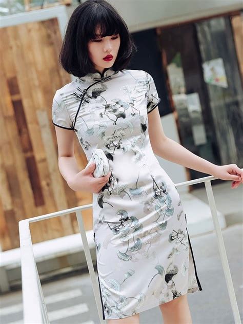 2018 Summer Midi Qipao Cheongsam Dress In Ginkgo Leaf Printing