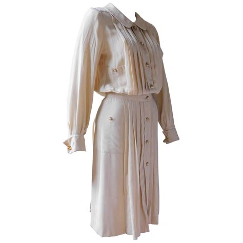 Chanel Champagne Silk Pleated Dress With Gold And Pearl Buttons At 1stdibs