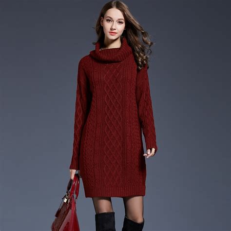 2018 Women Fashion Turtleneck Thick Sweater Dresses Plus Size Casual Sexy Knitted Cotton Autumn