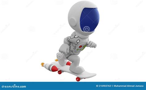 D Cartoon Astronaut Running With Rocket Skateboard Stock Illustration