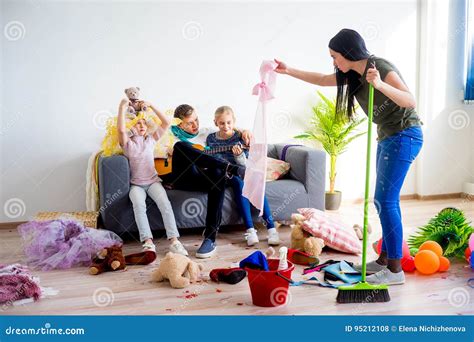 Mother Yelling On Her Romping Kids Stock Photo Image Of Caucasian