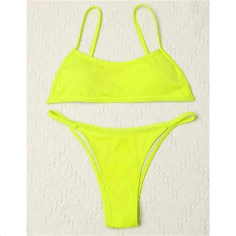 Neon Yellow Rib Thong Bikini Swimsuit Size Xs Property Room