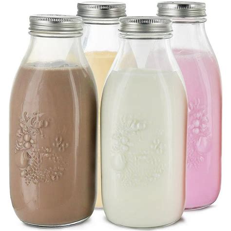 Estilo Dairy Reusable Glass Milk Bottles With Metal Lids 33 8 Oz Set Of 4