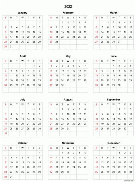 2022 Printable Calendar Full Year Calendar Grid Style