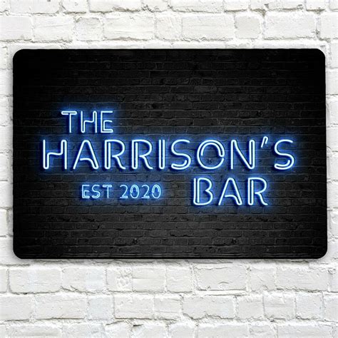 Personalised Bar Sign Blue Neon Effect Home Bar Sign Metal Wall A4