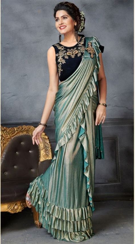 Teal Green Designer Readymade Ruffle Saree New Fashion Saree Saree Designs Party Wear Saree